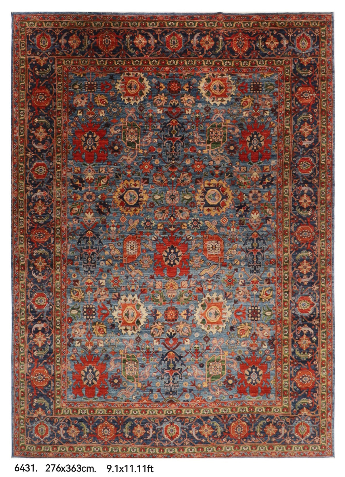 276 x 363 cm | Serapi Blue Design Hand Knotted veg Dye Wool Afghan Carpet