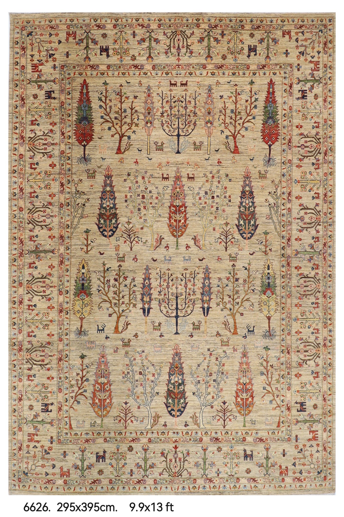 295 x 395 cm | Tree of life Gray Design Hand Knotted Wool Afghan Carpet