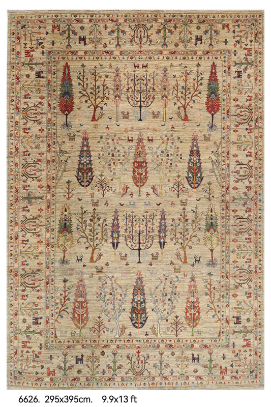 295 x 395 cm | Tree of life Gray Design Hand Knotted Wool Afghan Carpet