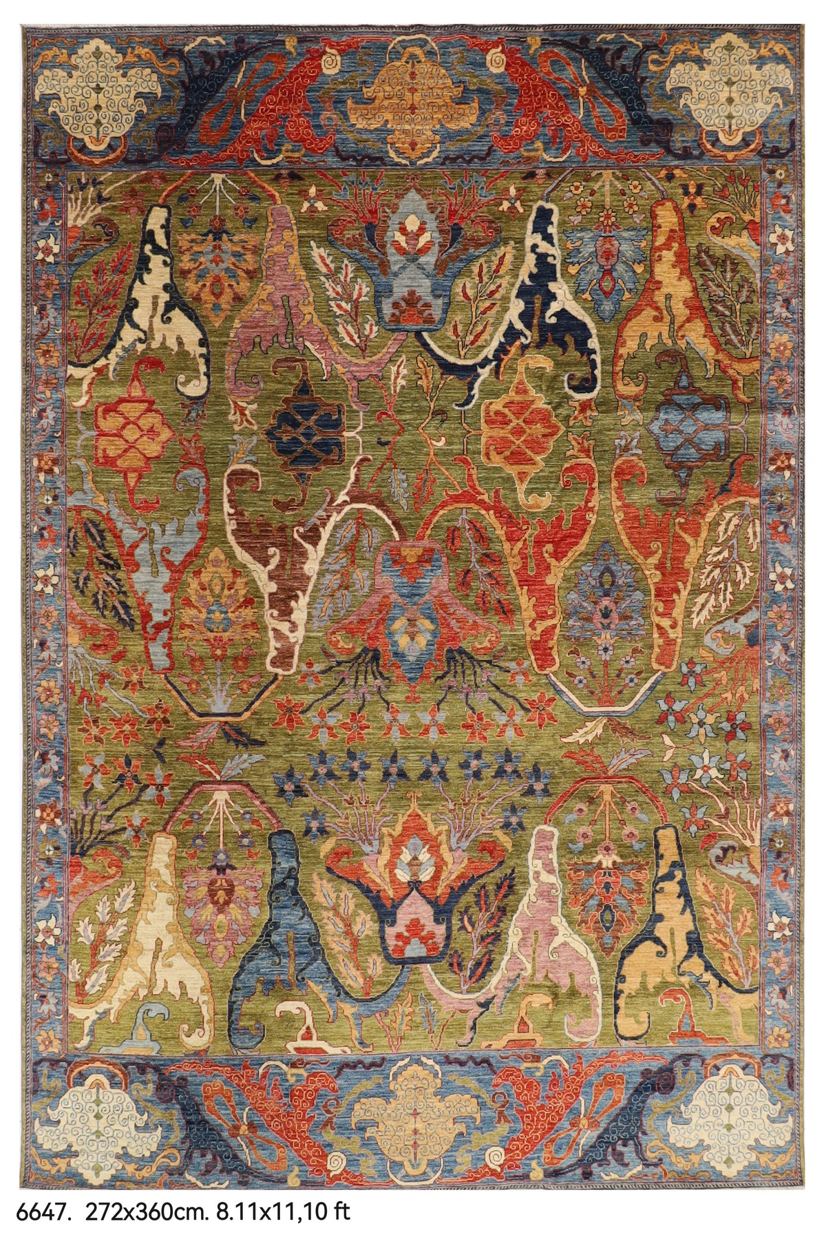 272 x 360 cm | Kawros Green Design Hand Knotted Wool Afghan Carpet