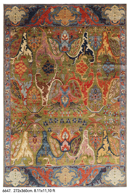 272 x 360 cm | Kawros Green Design Hand Knotted Wool Afghan Carpet