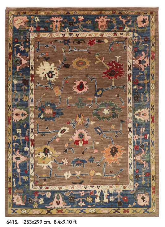 253 x 299 cm | Oushak brown Design Hand Knotted veg Dye Wool Afghan Carpet