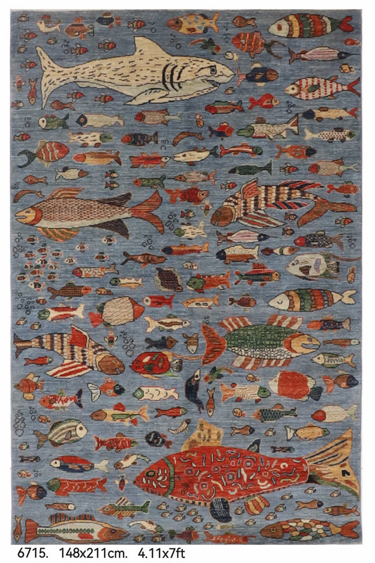 148 x 211 cm | Fish Blue Hand Knotted Wool Afghan Carpet