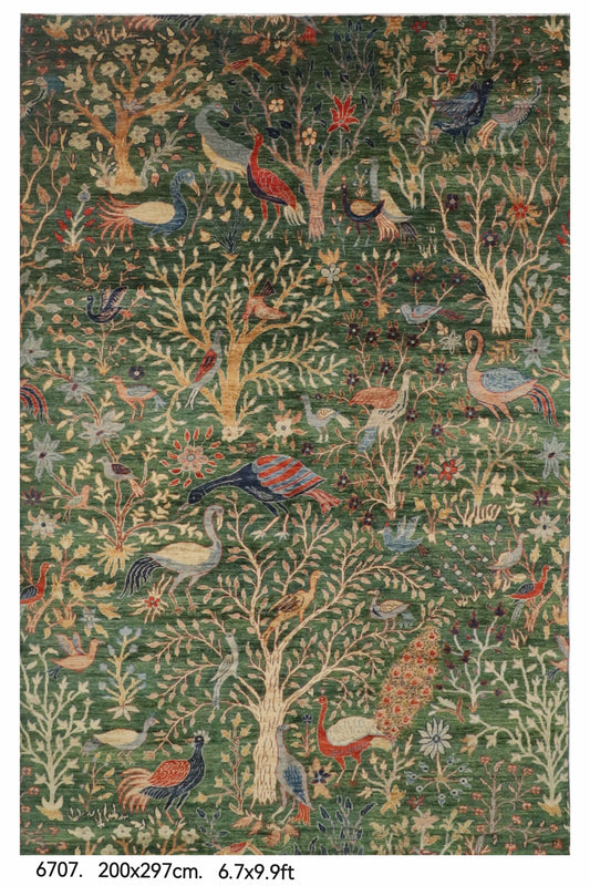 202 x 297 cm | Birds Green Hand Knotted Wool Afghan Carpet