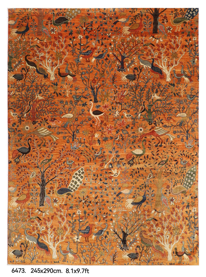 245 x 290 cm | Birds Yellow Design Hand Knotted veg Dye Wool Afghan Carpet
