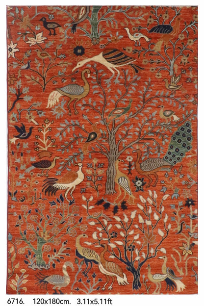 120 x 180 cm | Birds Orange Design Hand Knotted Wool Afghan Carpet