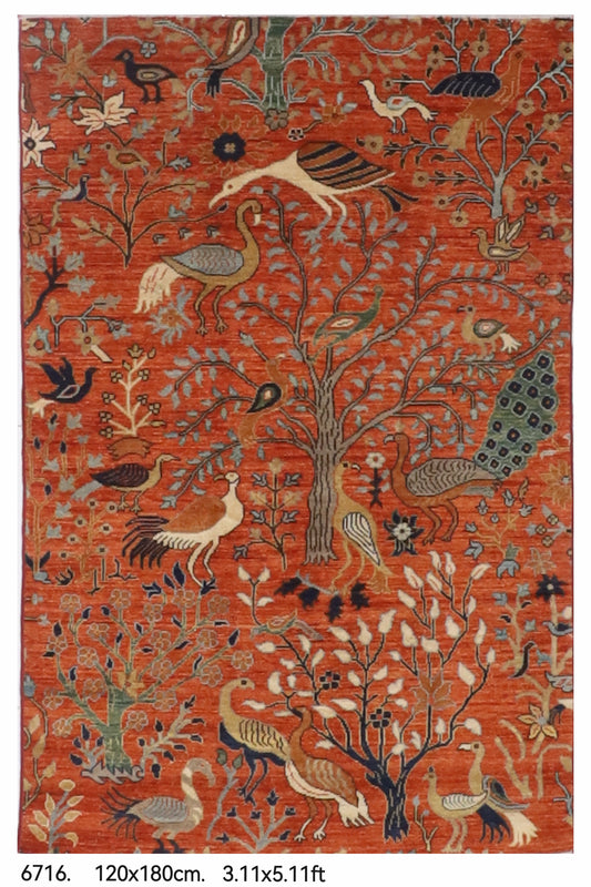 120 x 180 cm | Birds Orange Design Hand Knotted Wool Afghan Carpet