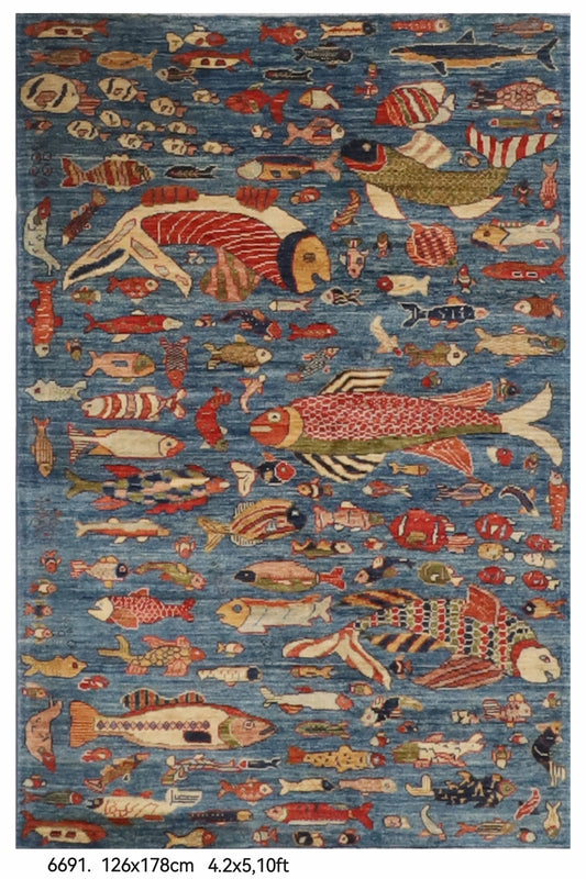 126 x 178 cm | Fish Design Hand Knotted Wool Afghan Carpet