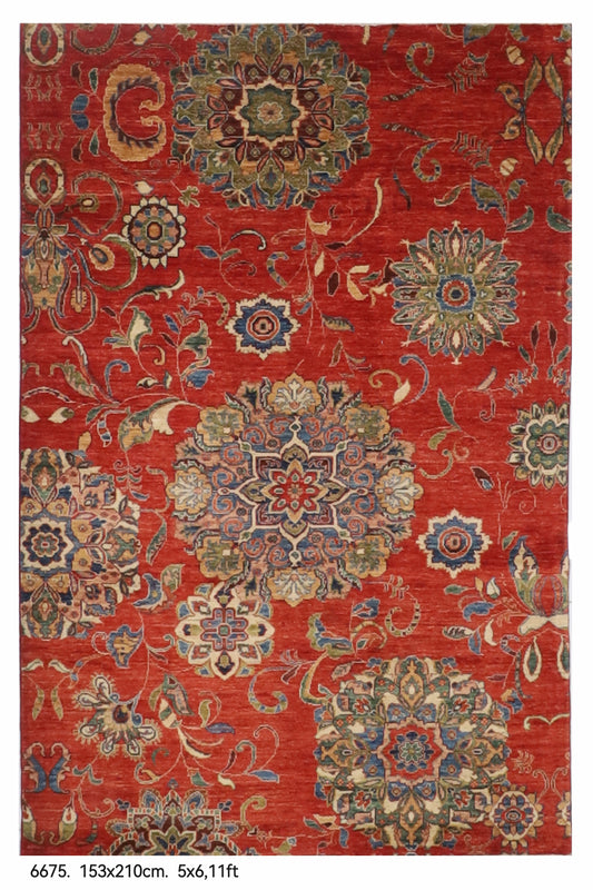 153 x 210 cm | Suzani Orange Hand Knotted Wool Afghan Carpet