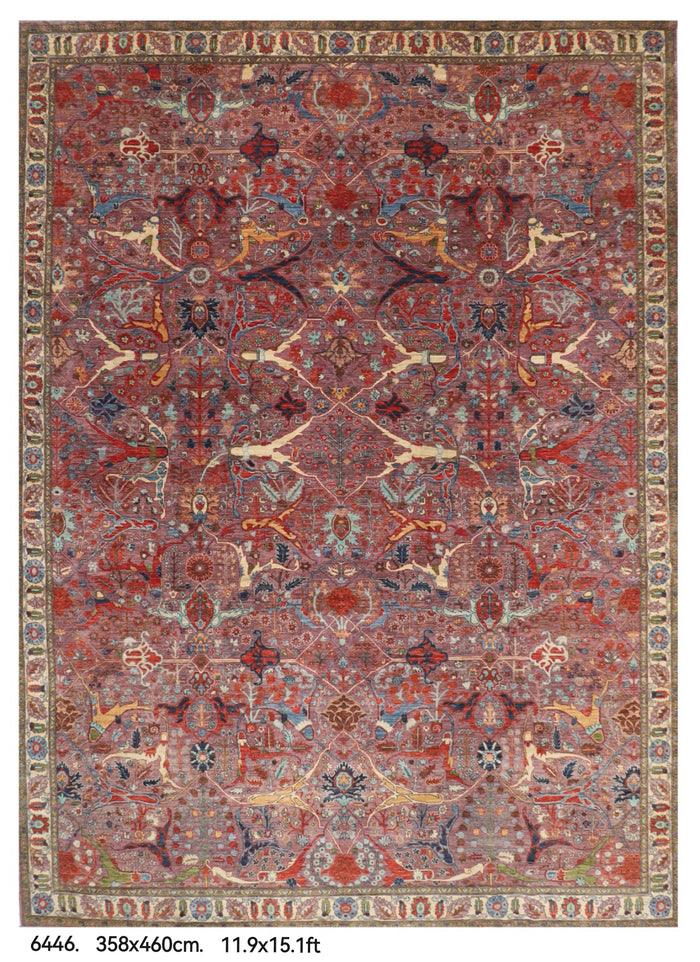 358 x 460 cm | Large Kawros Pink Design Hand Knotted veg Dye Wool Afghan Carpet