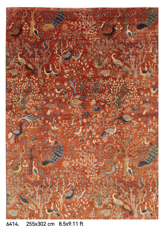 255 x 302 cm | Birds Orange Design Hand Knotted veg Dye Wool Afghan Carpet