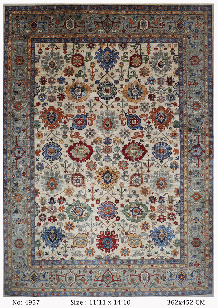 362 x 452 cm |  floral beige large Area Rug Afghan Hand Knotted veg Dye Wool carpet