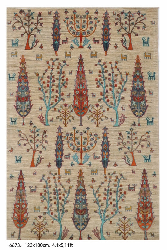 123 x 180 cm | Tree of life Gray Hand Knotted Wool Afghan Carpet