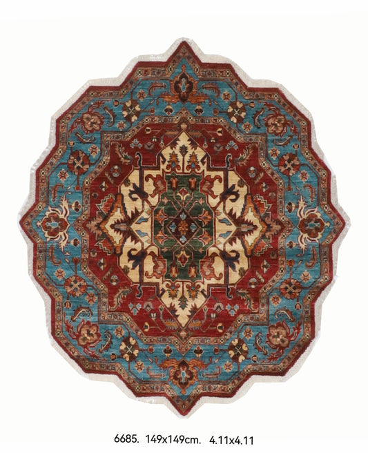 149 x 149 cm | Heriz Red Round Hand Knotted Wool Afghan Carpet