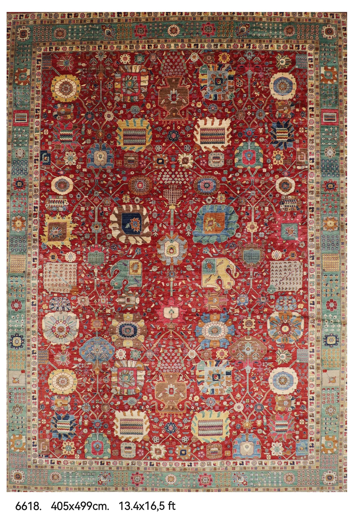 405 x 499 cm | Large Serapi Red Design Hand Knotted Wool Afghan Carpet