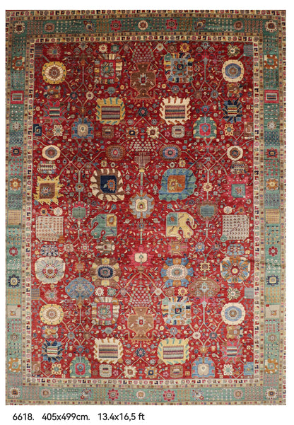405 x 499 cm | Large Serapi Red Design Hand Knotted Wool Afghan Carpet