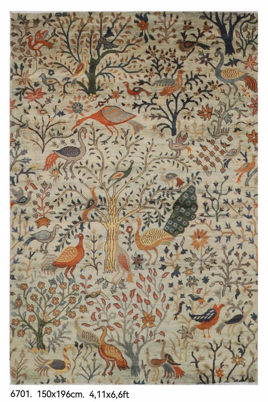 150 x 196 cm | Birds Design Hand Knotted Wool Afghan Carpet