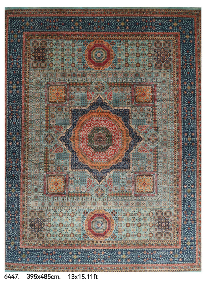 395 x 485 cm | Large Mamluk Design Hand Knotted veg Dye Wool Afghan Carpet