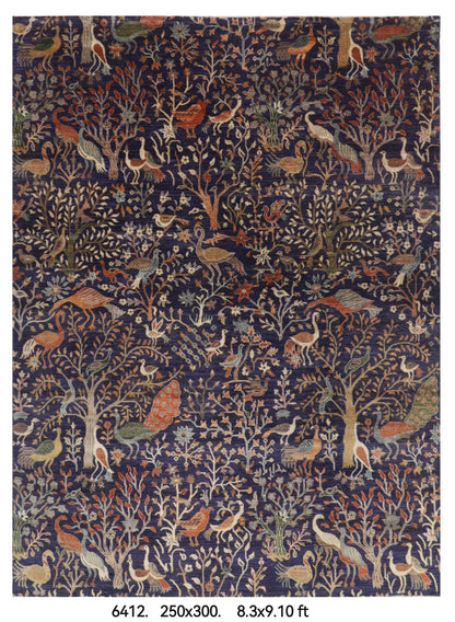 250 x 300 cm | Birds Blue design Hand Knotted veg Dye Wool Afghan Carpet