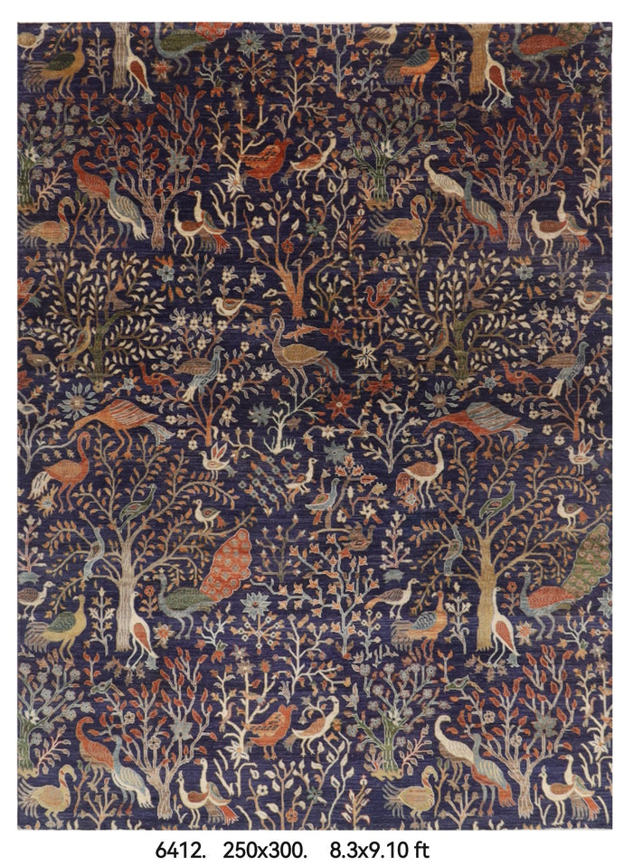 250 x 300 cm | Birds Blue design Hand Knotted veg Dye Wool Afghan Carpet