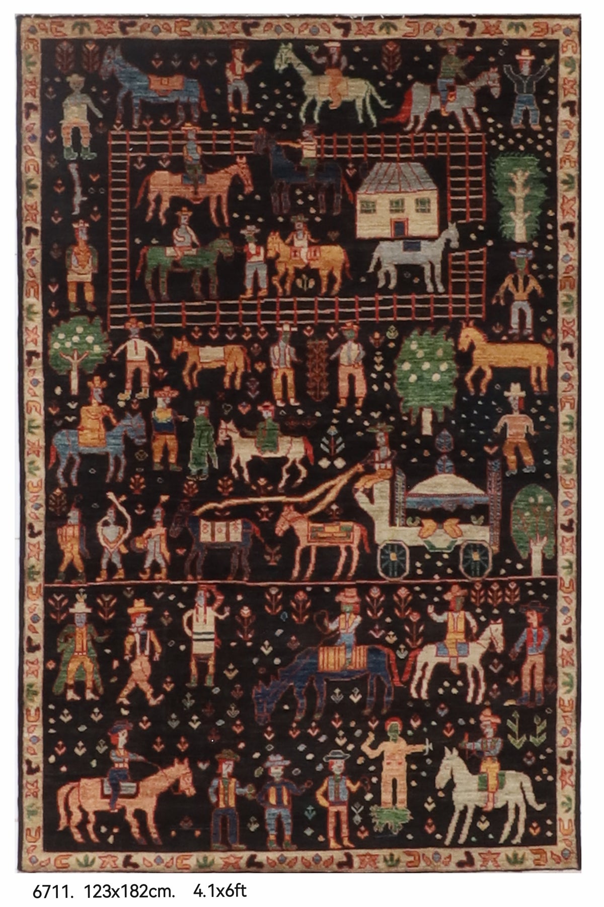 123 x 182 cm | Animal print Black Hand Knotted Wool Afghan Carpet