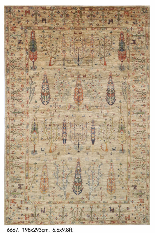 198 x 293 cm | Tree of life Gray Hand Knotted Wool Afghan Carpet