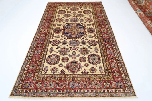 183 x 277 cm |  Geometric Kazak Beige Afghan Tribal Hand Knotted Veg Dye Wool carpet