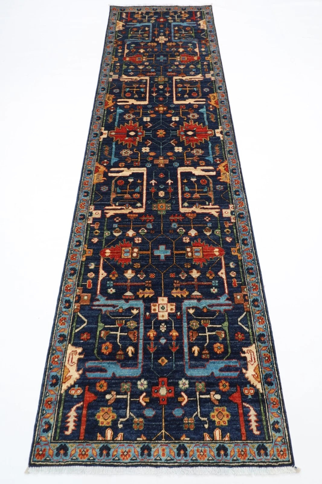 84 x 305 cm | Navy Blue Afghan Tribal Hand Knotted Wool Runner