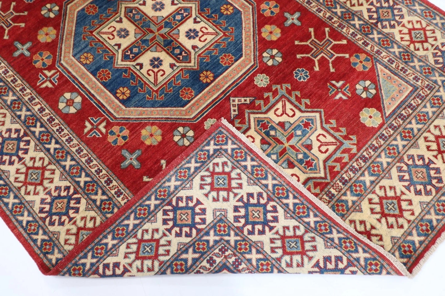 177 x 248 cm | Kazak Afghan Tribal Hand Knotted Veg Dye Wool Carpet