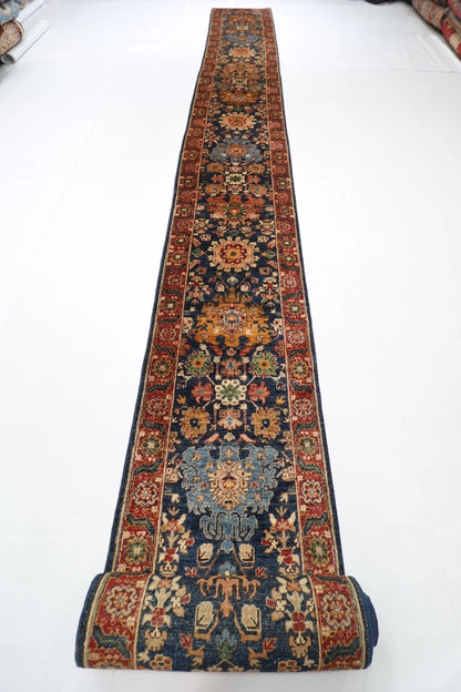 73 x 935 cm | Long Navy Blue Afghan Tribal Hand Knotted Wool Runner