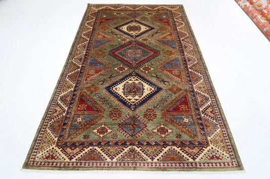 183 x 270 cm |  Kazak Green Afghan Tribal Hand Knotted Veg Dye Wool carpet