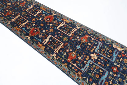 84 x 305 cm | Navy Blue Afghan Tribal Hand Knotted Wool Runner