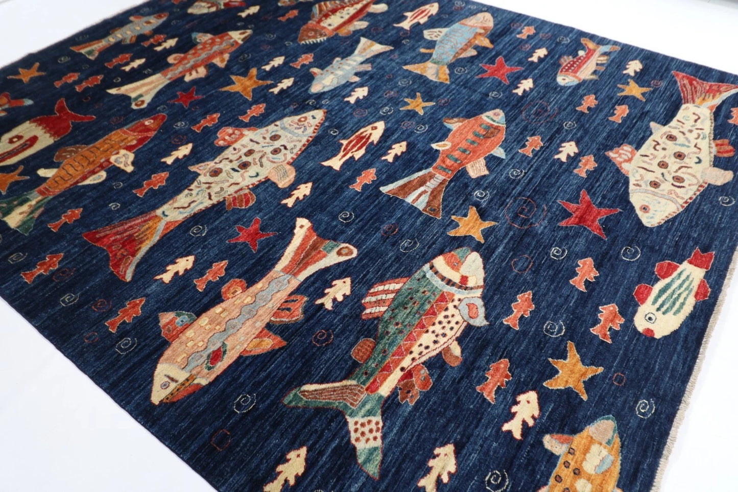 253 x 294 cm | Fish Party Afghan Tribal Hand Knotted Carpet