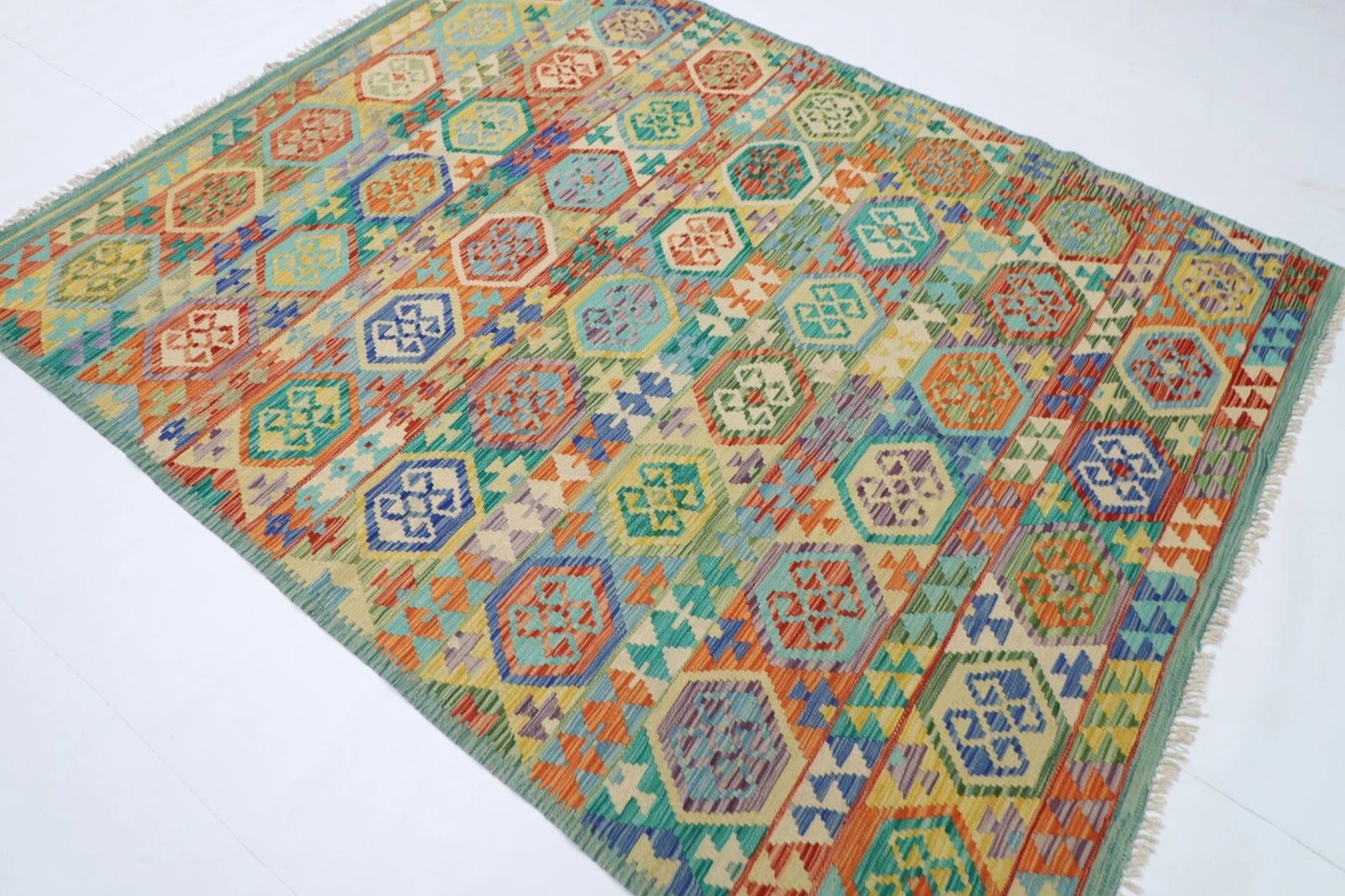 187 x 244 cm | Flat Weaved Afghan Tribal Hand Knotted Veg Dye Wool Carpet