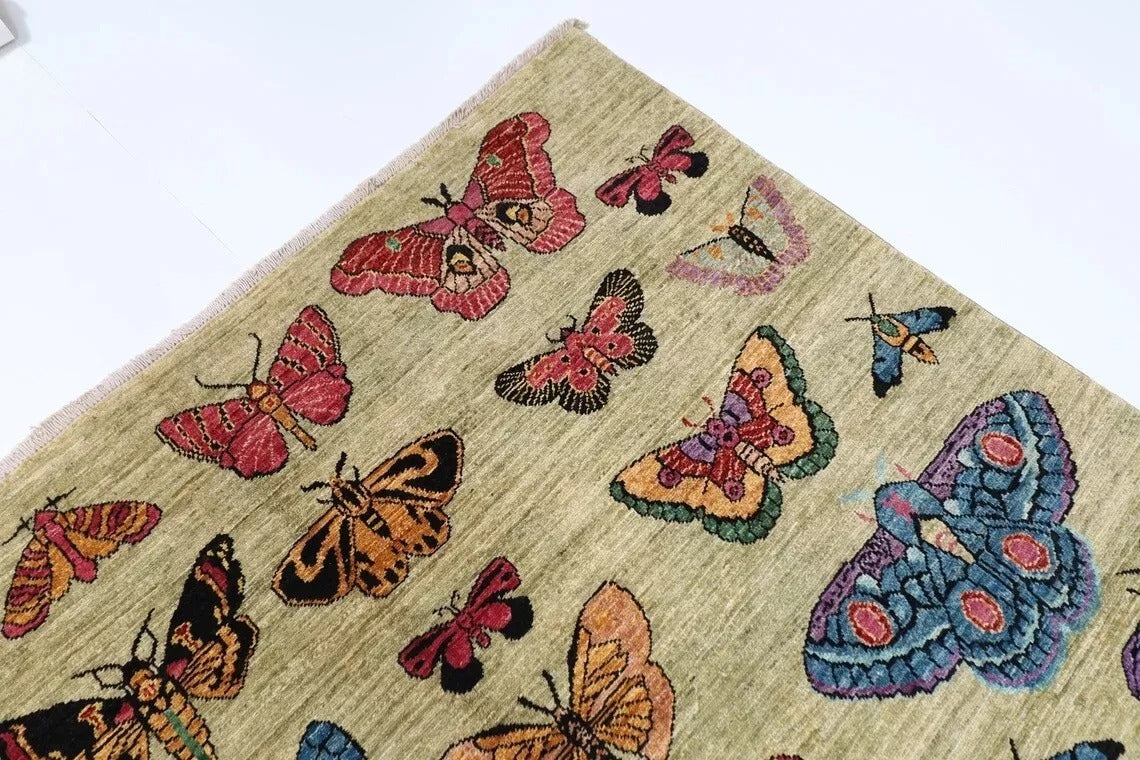 149 x 199 cm | Butterflies Afghan Tribal Hand Knotted Veg Dye Wool Carpet