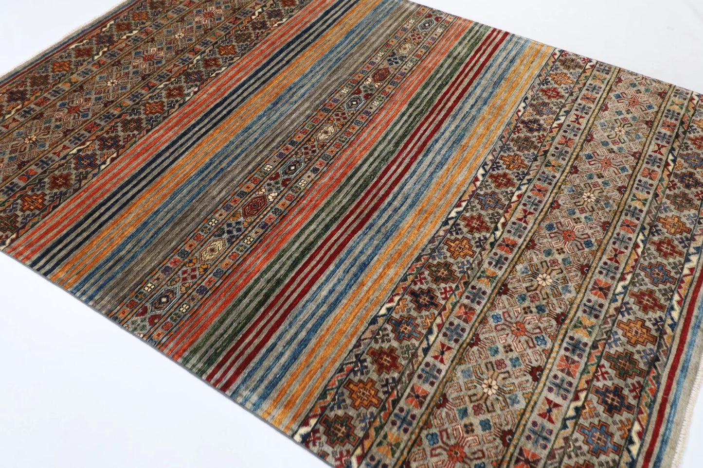 175 x 240 cm | Striped Afghan Tribal Hand Knotted Veg Dye Wool Carpet
