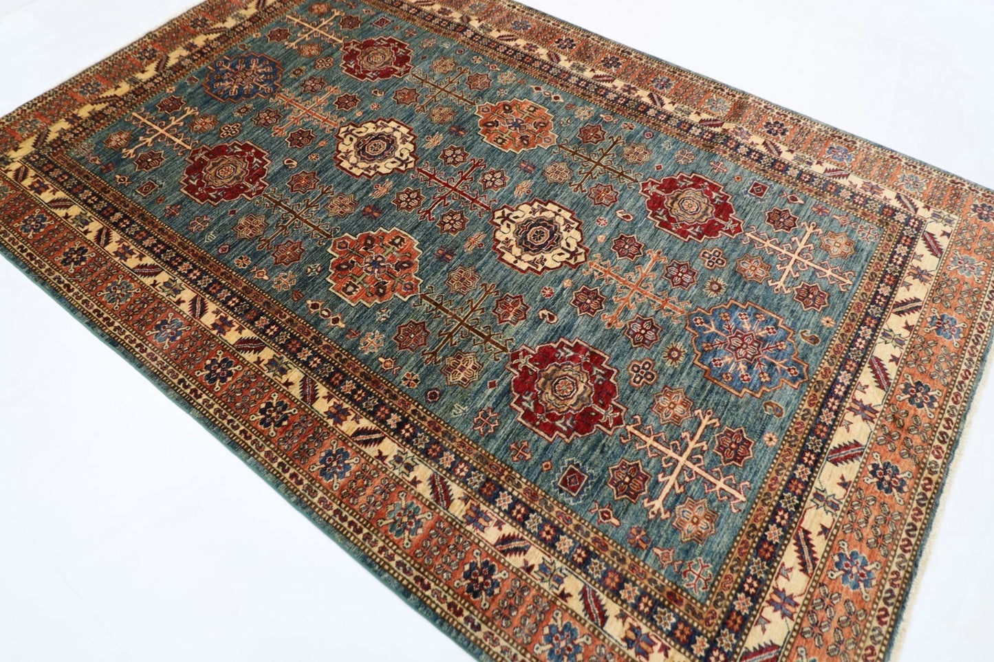 182 x 277 cm |  Kazak Blue Afghan Tribal Hand Knotted Veg Dye Wool carpet