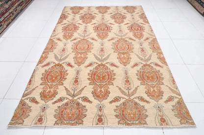 193 x 280 cm | Suzani Beige Afghan Tribal Hand Knotted Veg Dye Wool Carpet