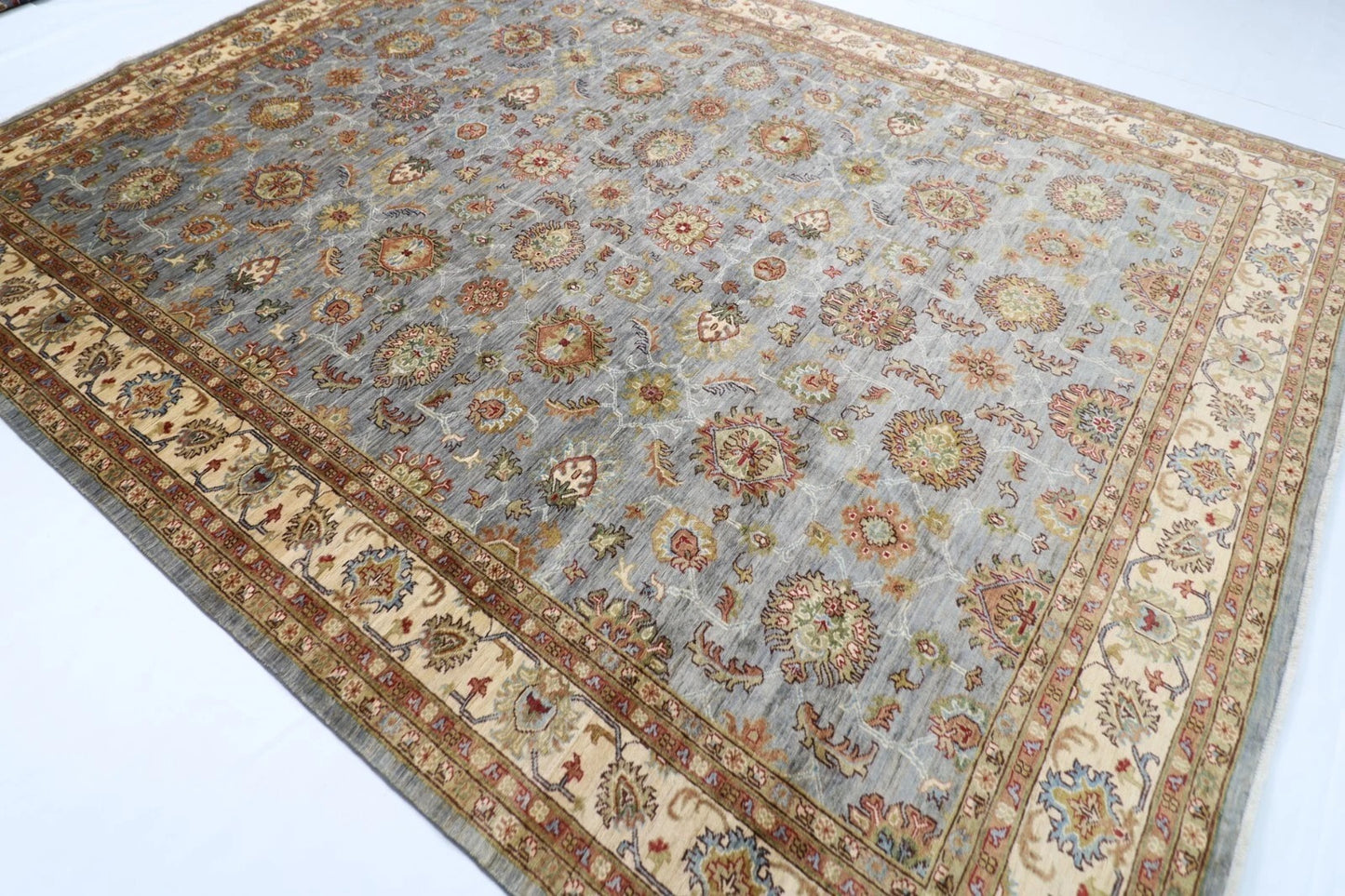 276 x 360 cm | Blueish Grey Afghan Tribal Hand Knotted Carpet