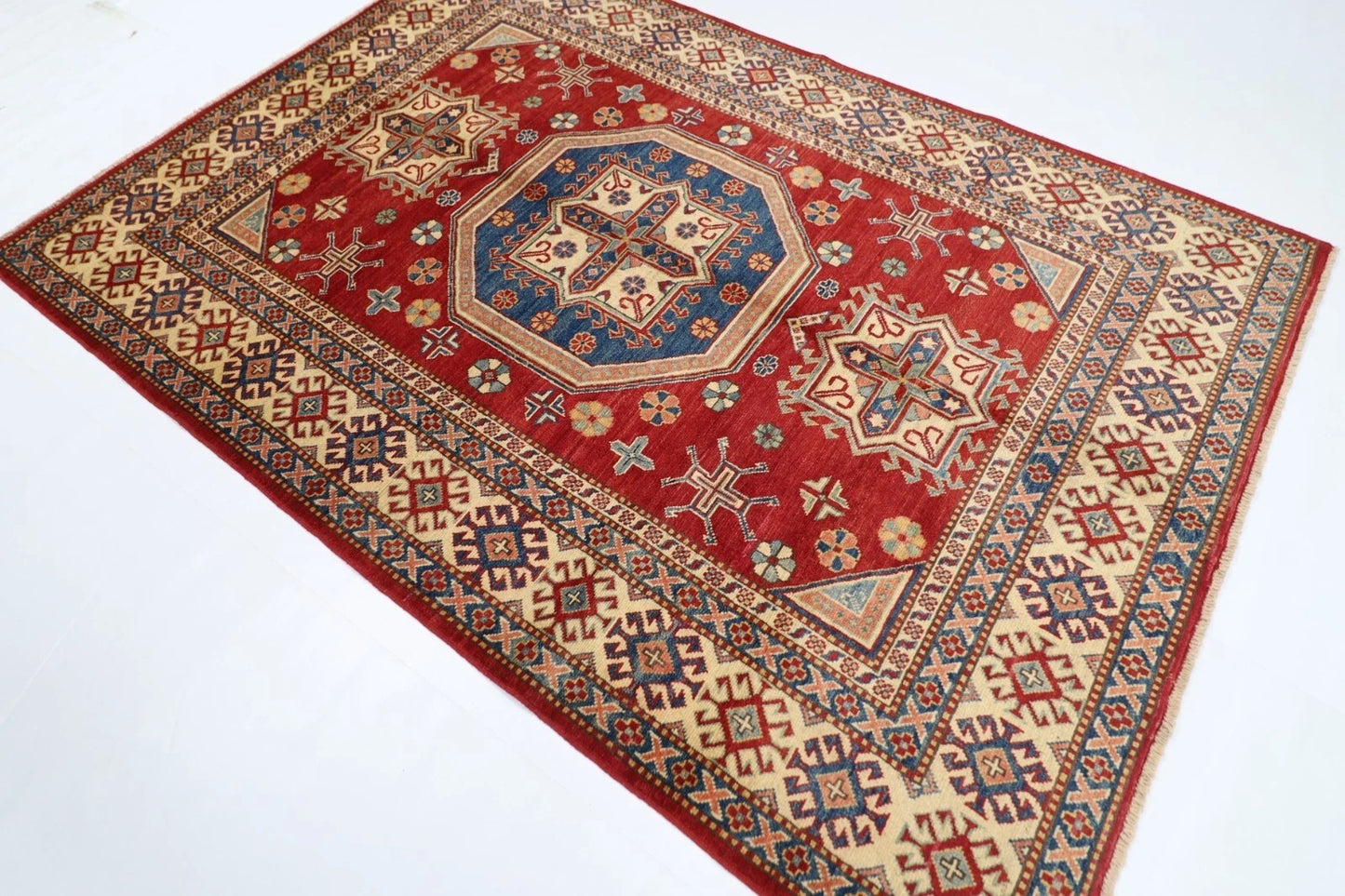 177 x 255 cm | Kazak Afghan Tribal Hand Knotted Veg Dye Wool Carpet
