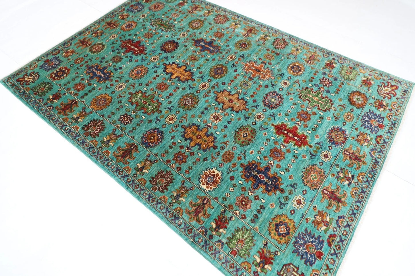 172 x 241 cm | Turquoise Afghan Tribal Hand Knotted Veg Dye Wool Carpet