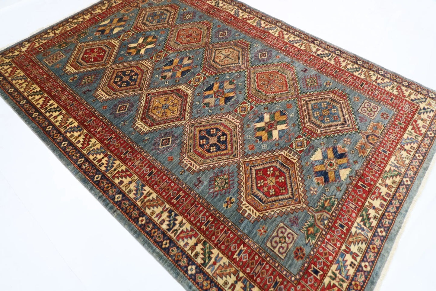 189 x 270 cm |  Kazak Blue Afghan Tribal Hand Knotted Veg Dye Wool carpet