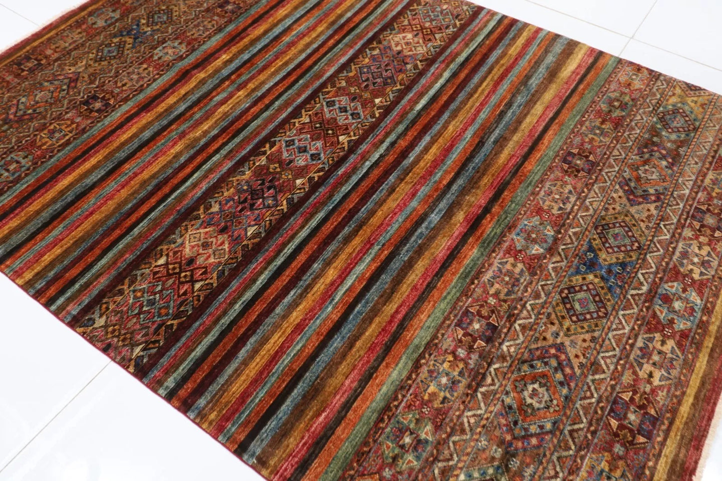 180 x 248 cm | Striped Afghan Tribal Hand Knotted Veg Dye Wool Carpet