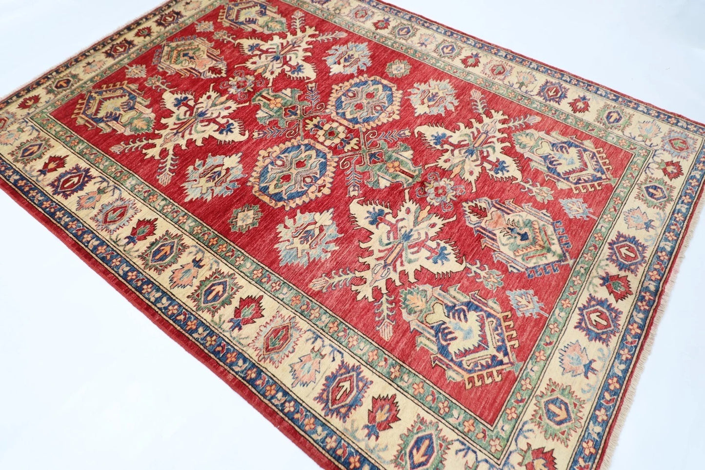 183 x 248 cm | Kazak Afghan Tribal Hand Knotted Veg Dye Wool Carpet