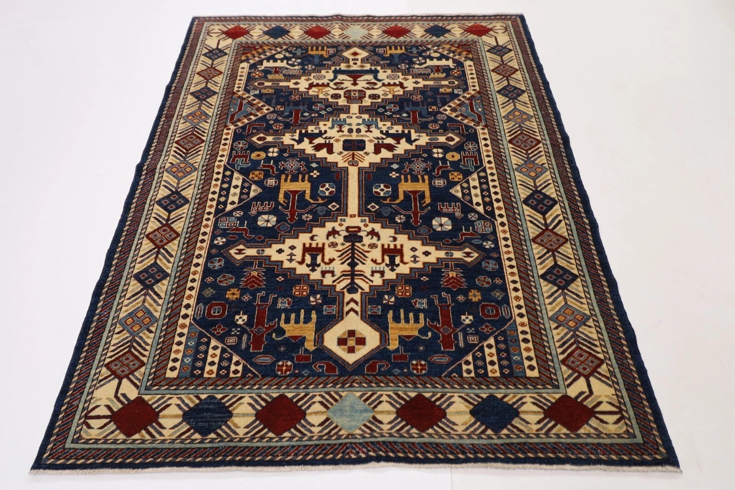 163 x 203 cm | Navy Afghan Tribal Hand Knotted Veg Dye Wool carpet