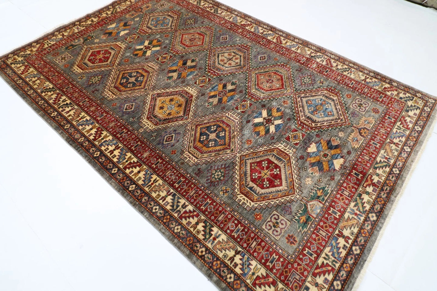 181 x 271 cm |  Kazak Gray Afghan Tribal Hand Knotted Veg Dye Wool carpet