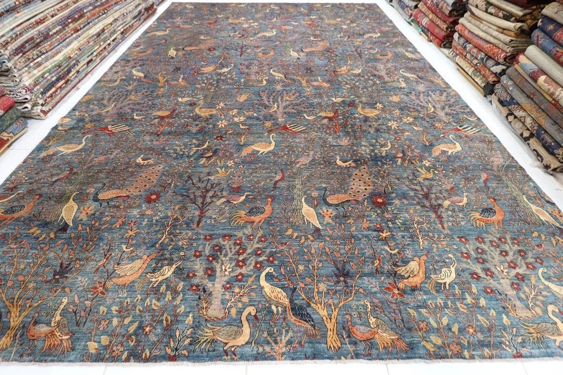 377 x 558 cm | Birds Blue Afghan Tribal Hand Knotted Carpet