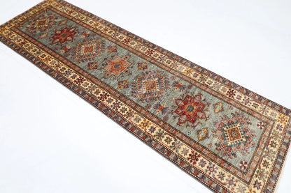 82 x 268 cm | Blueish Grey Kazak Afghan Tribal Hand Knotted Wool Runner
