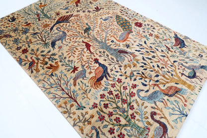 183 x 275 cm |  Birds Beige Afghan Tribal Hand Knotted Veg Dye Wool carpet