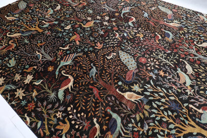 363 x 436 cm | Birds Black Afghan Tribal Hand Knotted Carpet